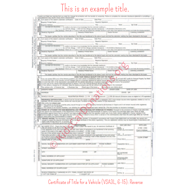 This is an Example of Virginia Certificate of Title for a Vehicle (VSA3L, 6-15) Reverse View | Kids Car Donations